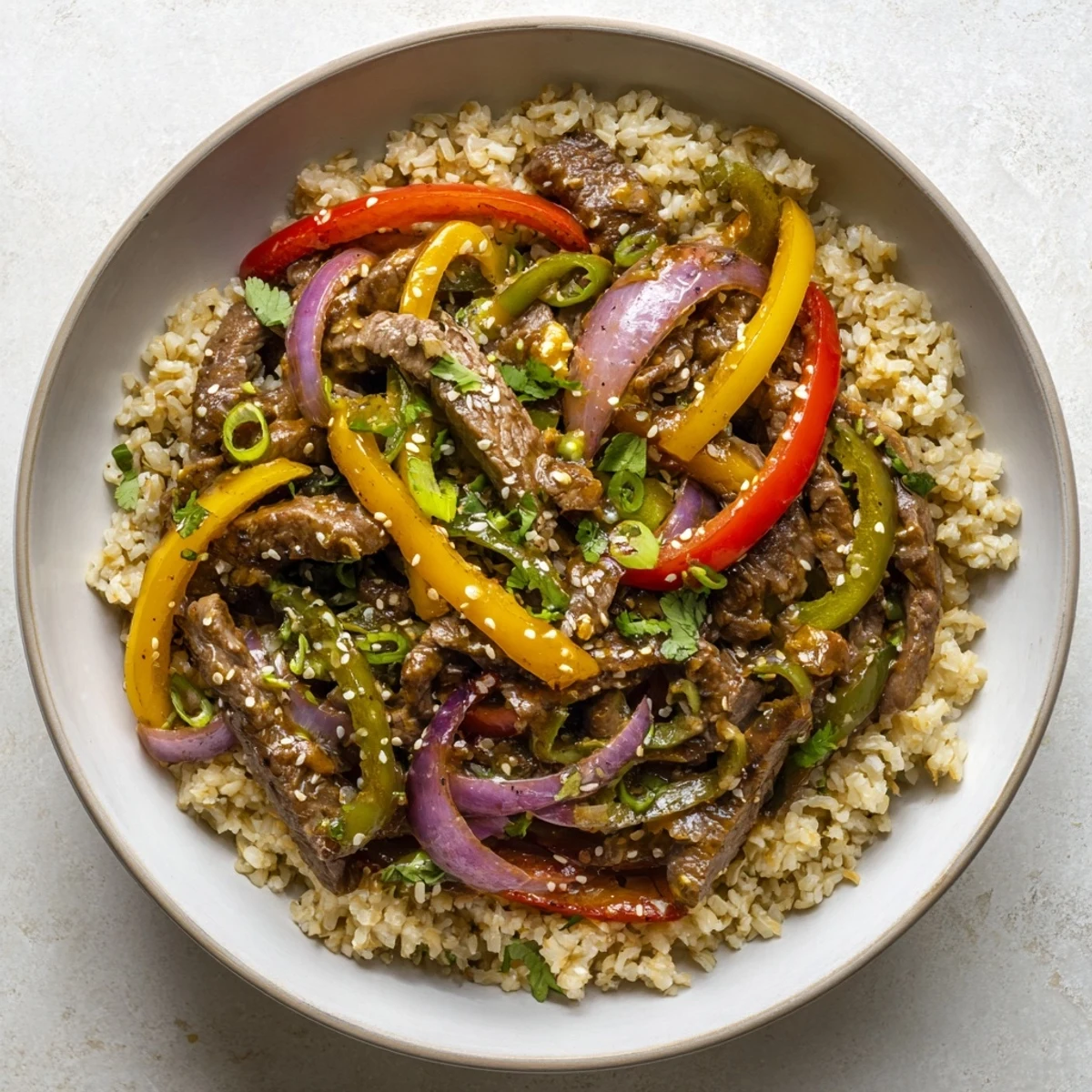 Close-up of Healthy Beef and Pepper Rice Bowl featuring colorful vegetables, sesame seeds, and savory garlic-ginger sauce.