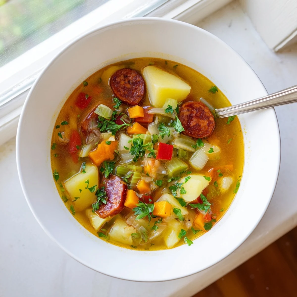 Steaming Spanish Potato Soup with Chorizo in a rustic bowl, featuring tender potatoes and fresh parsley garnish.