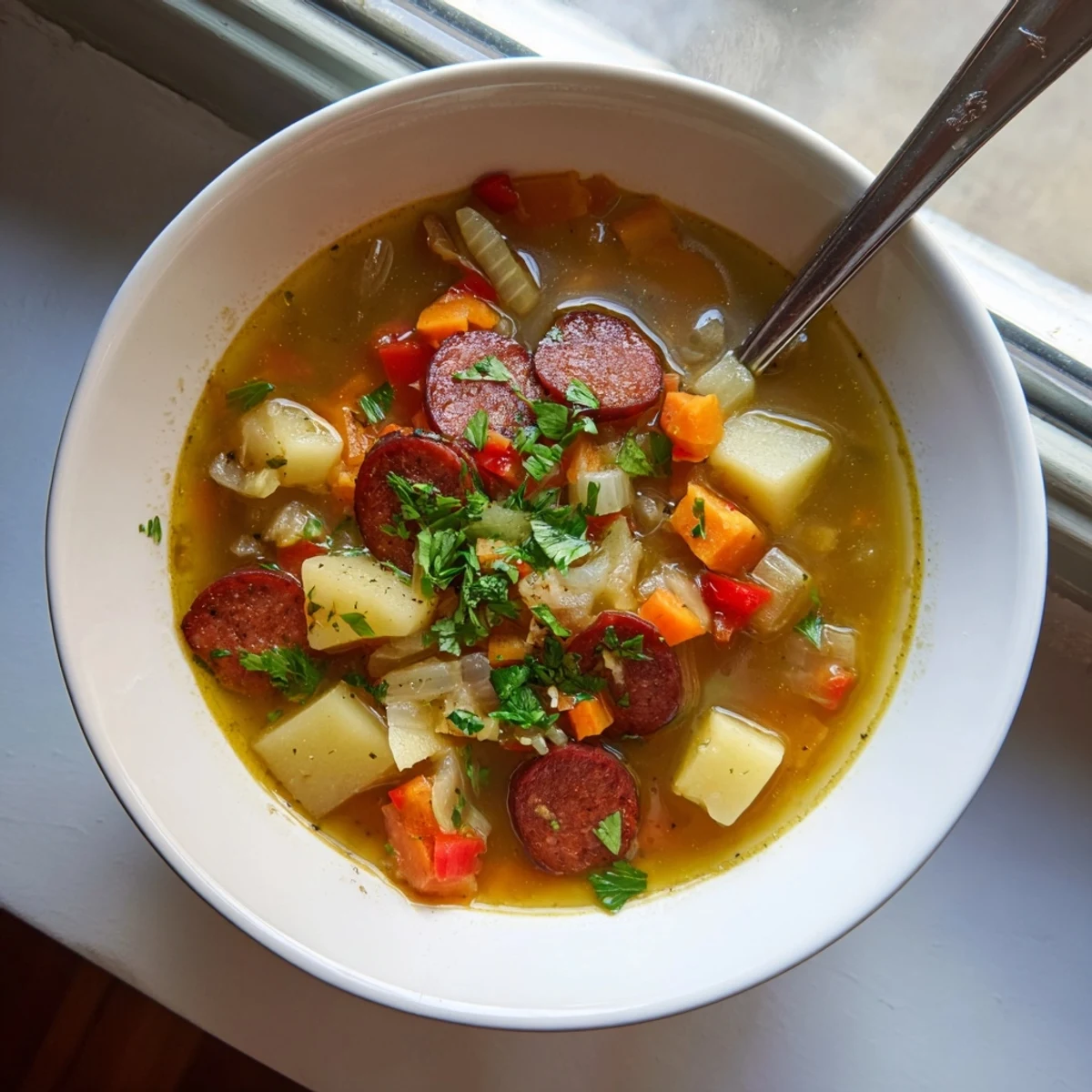 A close-up of Spanish Potato Soup with Chorizo, showing smoky sausage slices and vibrant diced vegetables.