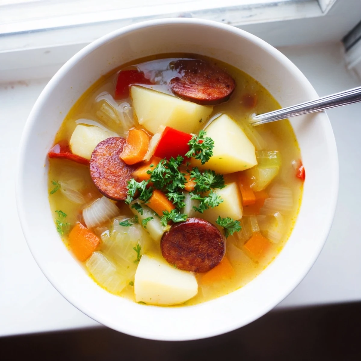 Spanish Potato Soup with Chorizo ladled into a bowl, garnished with parsley and served alongside crusty bread.