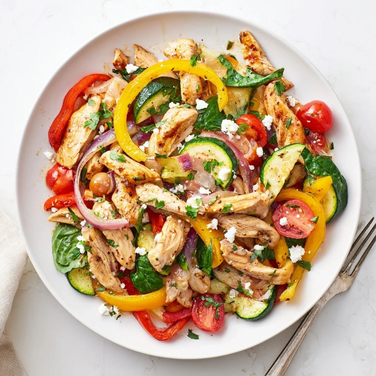 Fresh Mediterranean Chicken Stir Fry with tender chicken, crisp bell peppers, and wilted spinach on a plate.