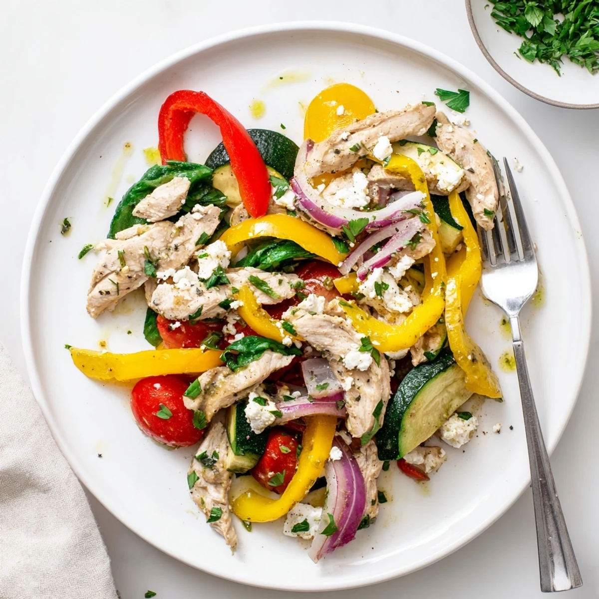 Golden Mediterranean Chicken Stir Fry served over fluffy quinoa, garnished with parsley and feta cheese.