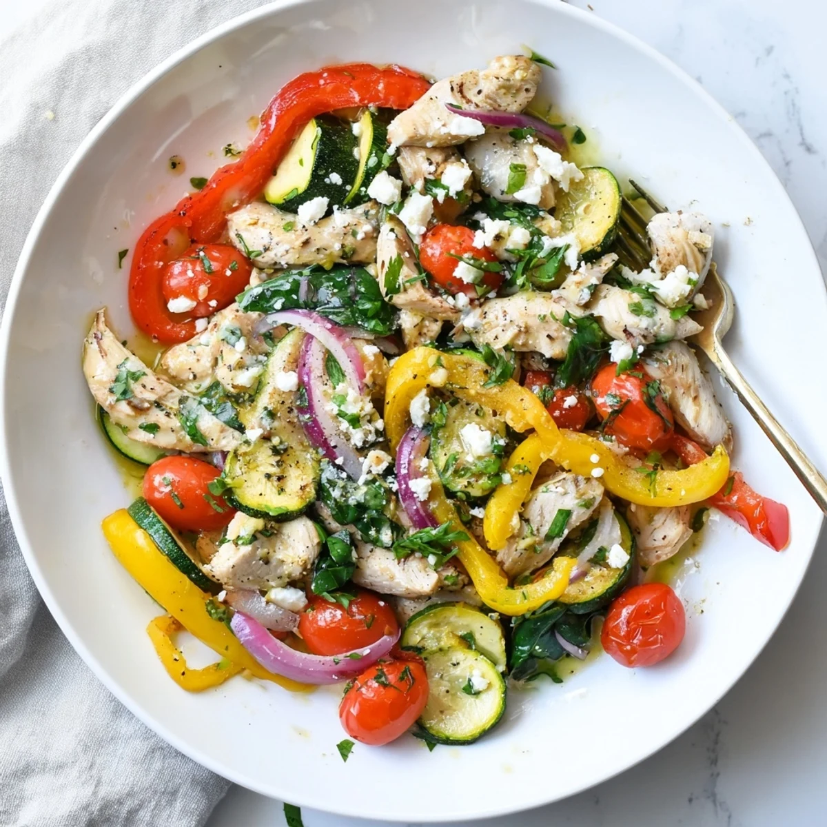 Sizzling Mediterranean Chicken Stir Fry in a skillet, featuring zucchini, tomatoes, and a light lemony sauce.