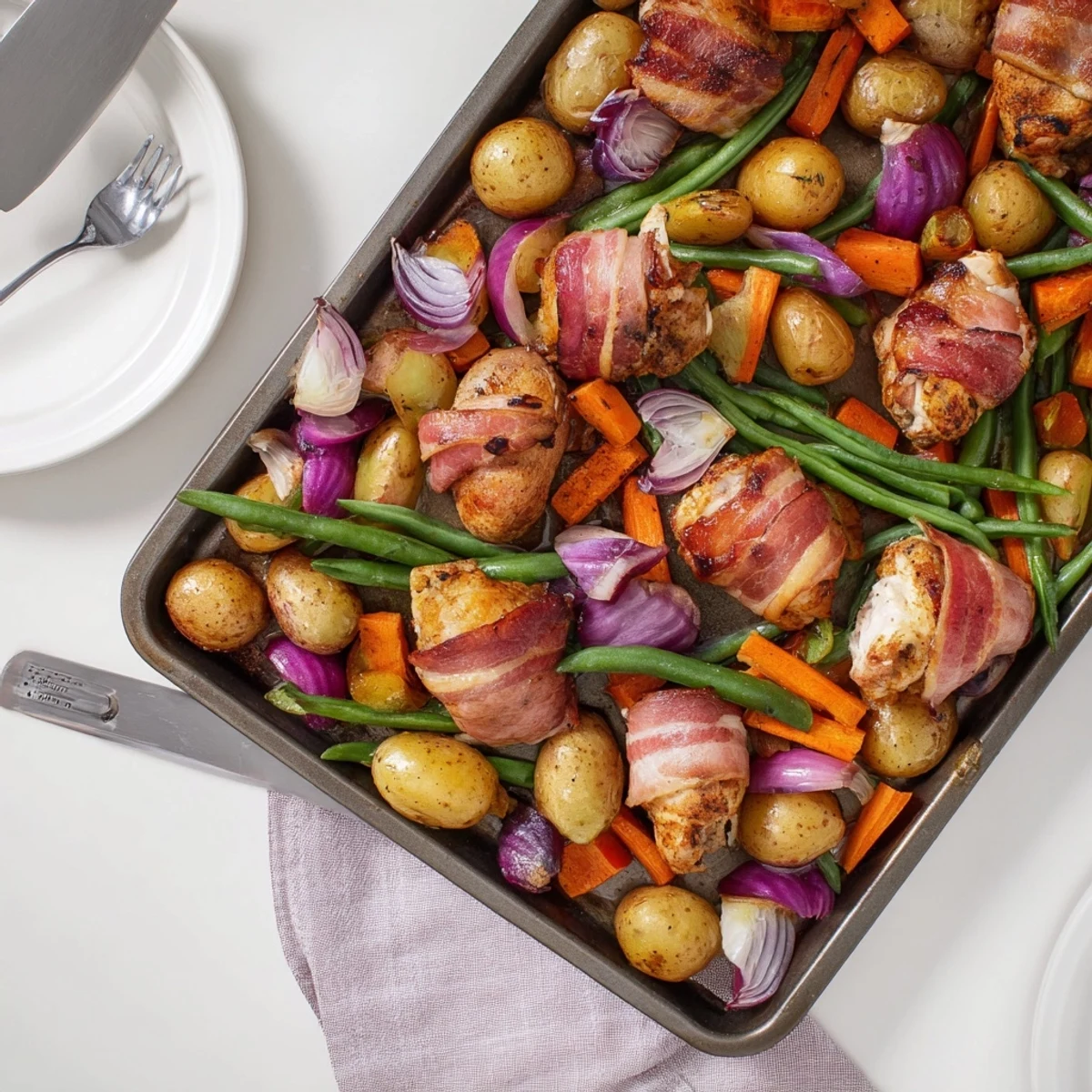 Oven baked bacon wrapped chicken thighs arranged over a bed of tender caramelized root vegetables
