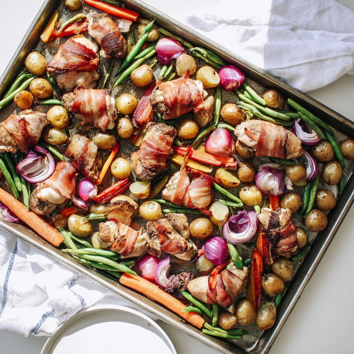 Golden brown bacon wrapped chicken thighs roasting with colorful vegetables on a large baking sheet