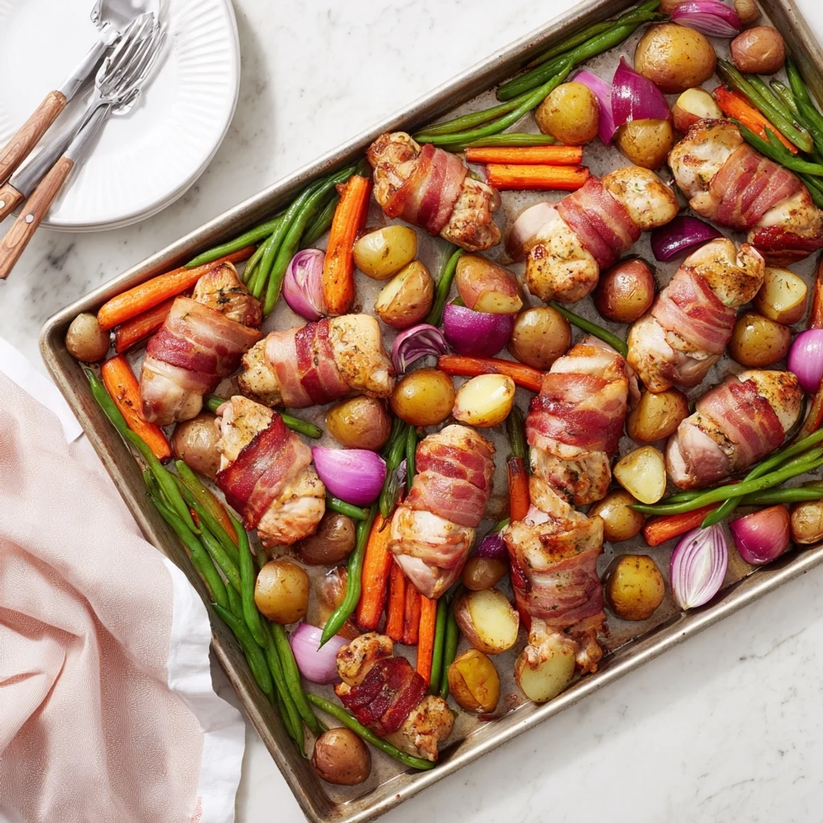 Crispy bacon encased juicy chicken thighs nestled alongside roasted baby potatoes carrots and green beans