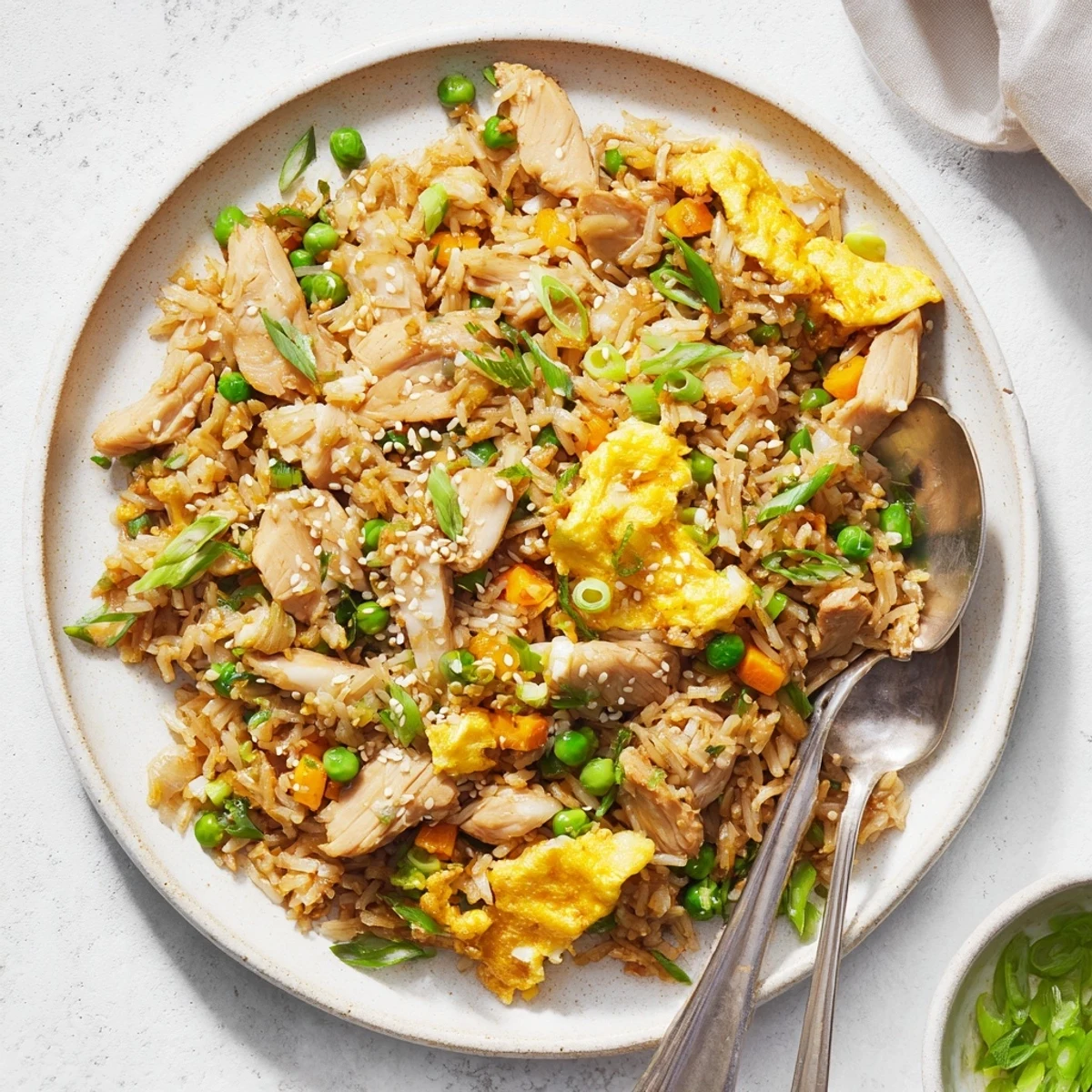 Golden chicken fried rice topped with delicate egg omelette ribbons and colorful vegetables
