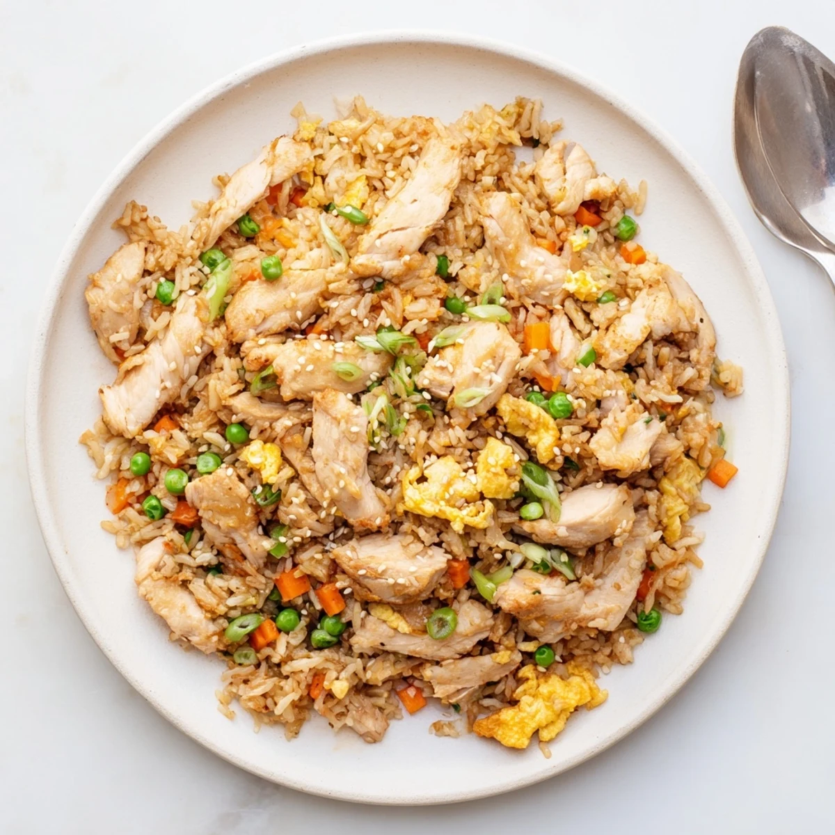 Savory stir-fried rice with tender chicken pieces and sliced egg omelette garnish