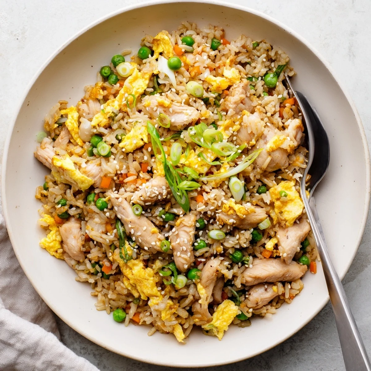 Heaping plate of Asian-style chicken fried rice finished with golden egg omelette strips