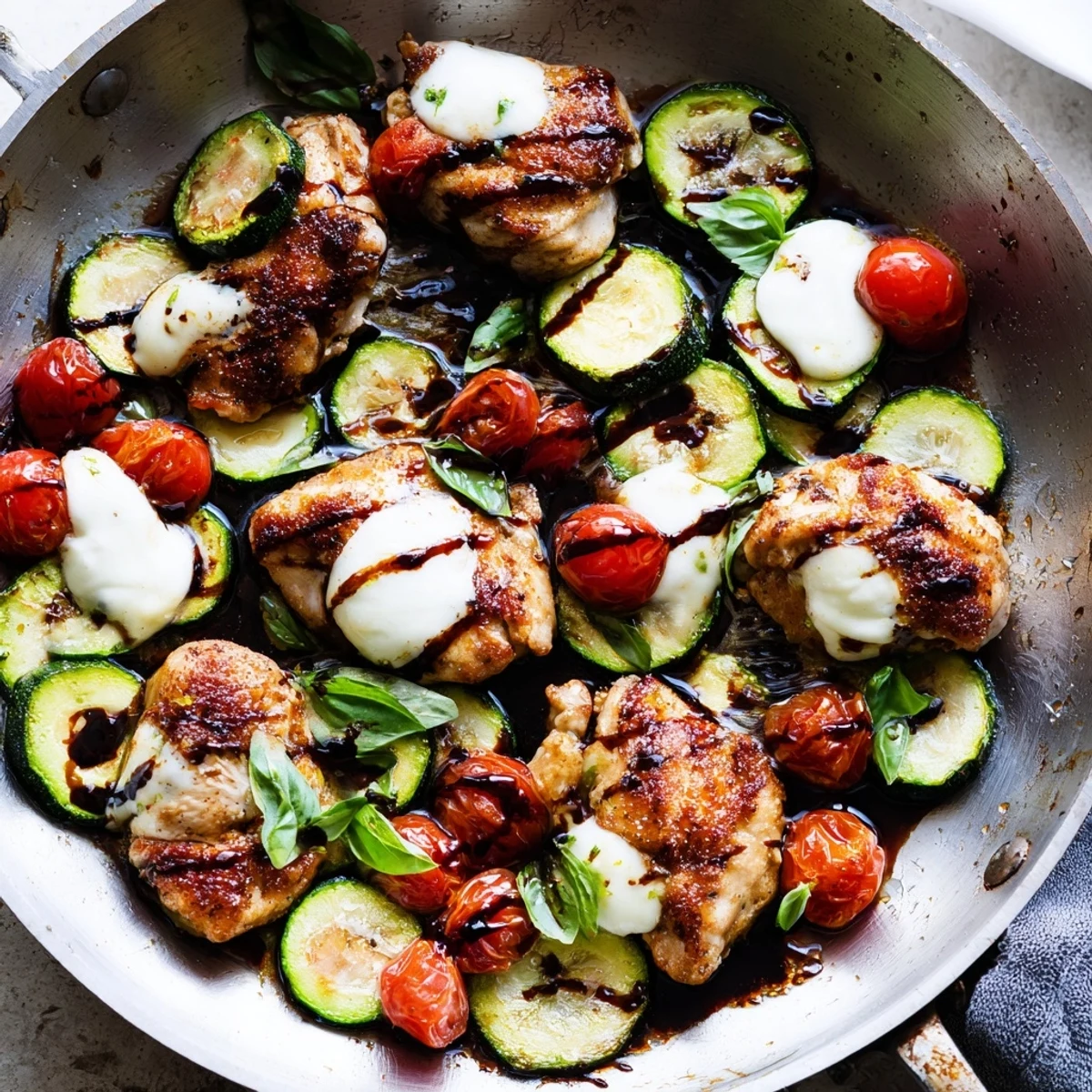 Mediterranean-style Caprese chicken featuring juicy breasts, zucchini, tomatoes, and fresh basil in a cast iron skillet