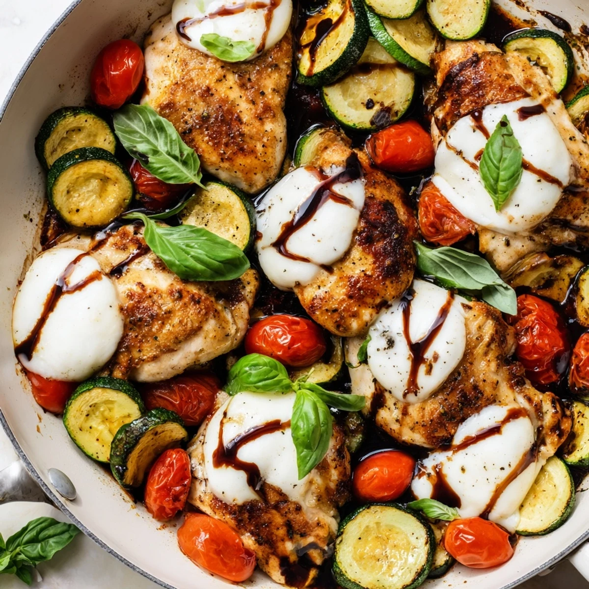 Golden Caprese chicken skillet topped with melted mozzarella, fresh zucchini, and ripe cherry tomatoes