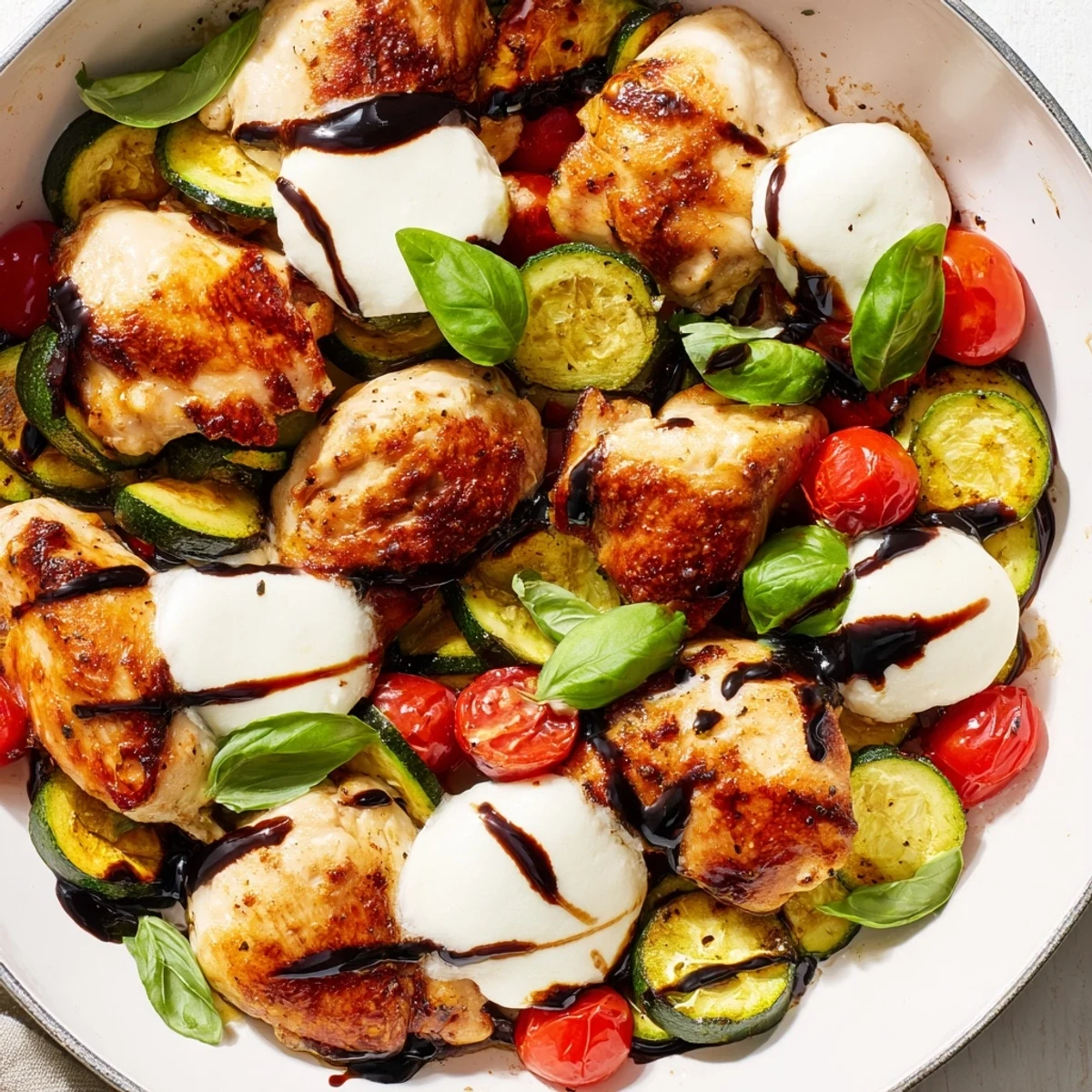 One-pan Caprese chicken with bubbling mozzarella cheese, tender zucchini slices, and balsamic-glazed tomatoes