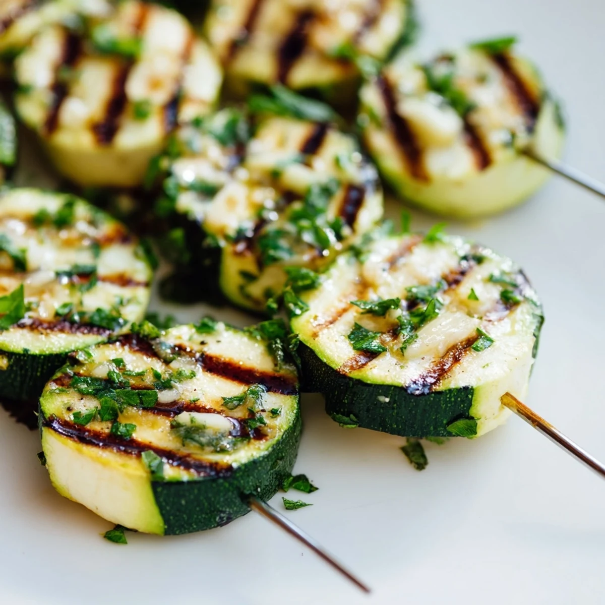 Golden grilled garlic butter zucchini skewers with charred edges and fresh parsley garnish on a wooden platter