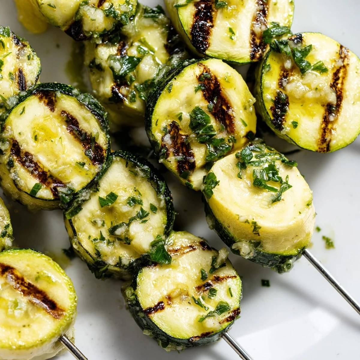 Easy garlic butter zucchini skewers sizzling on the grill with herb butter coating and crispy char lines