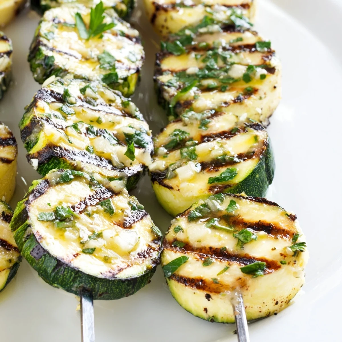 Tender zucchini rounds threaded on skewers brushed with melted garlic butter showing attractive grill marks