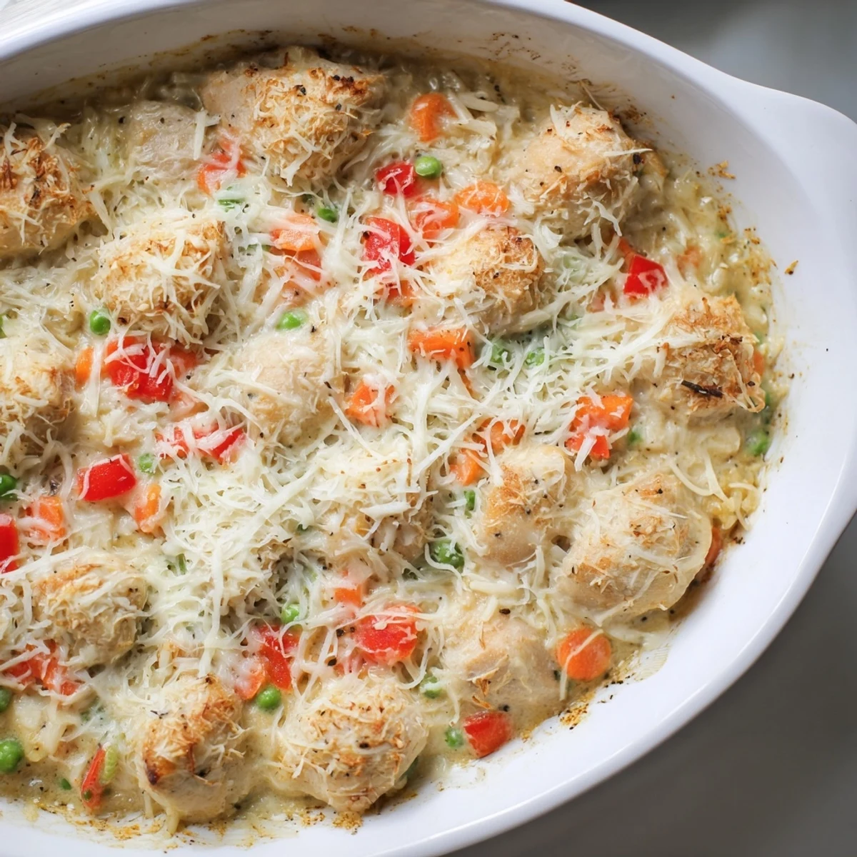 Golden baked Portuguese chicken rice with melted cheese and vibrant vegetables in creamy coconut sauce