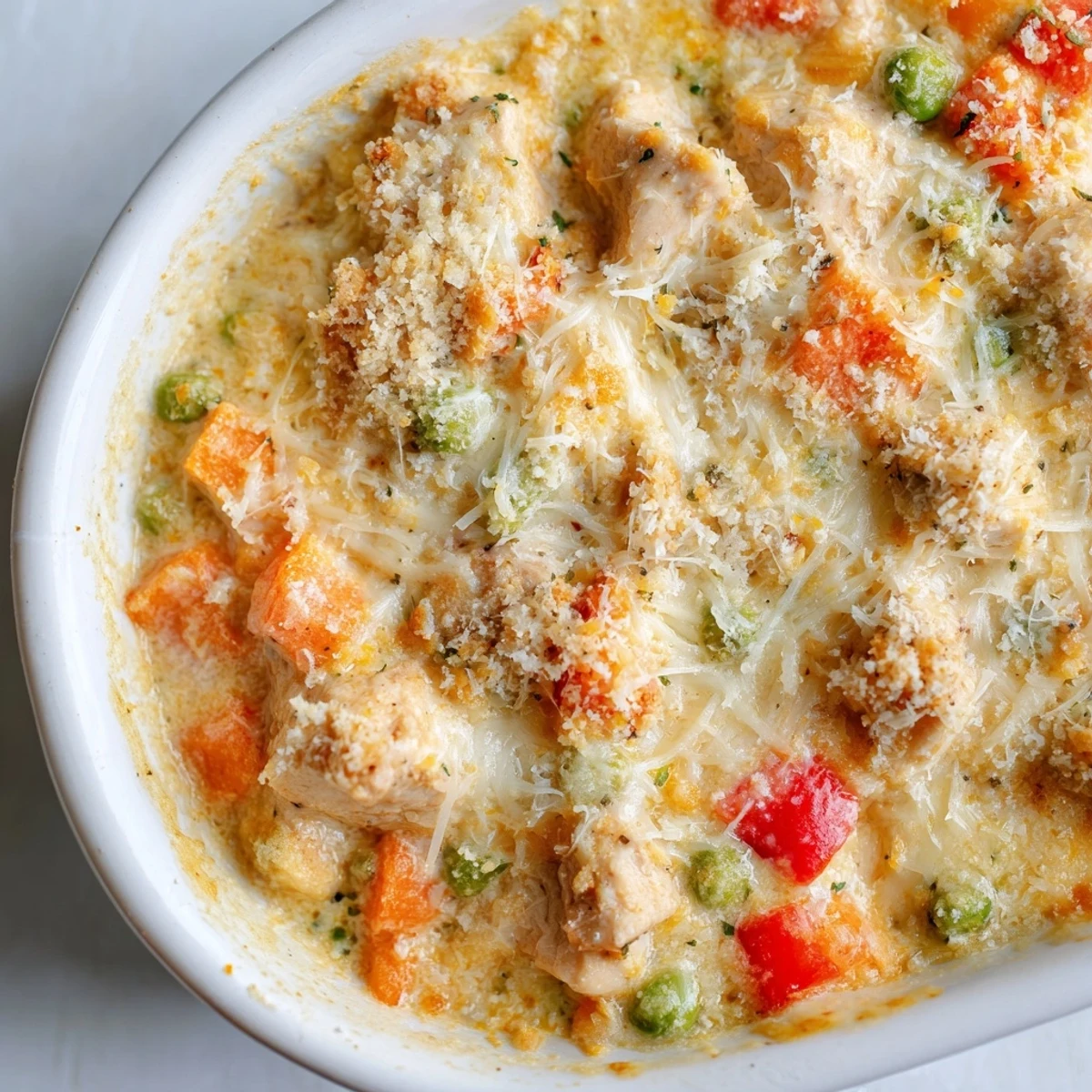 Macau style baked Portuguese chicken rice featuring bubbling mozzarella topping over tender spiced chicken and colorful vegetables