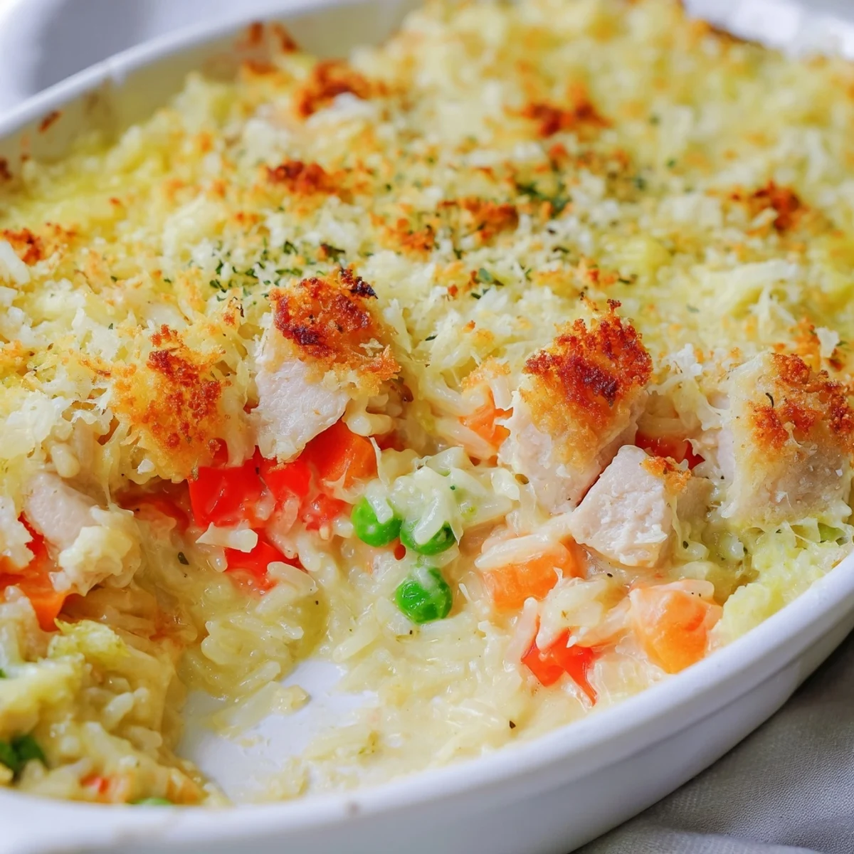 Creamy coconut baked Portuguese chicken rice casserole with golden melted parmesan and tender vegetables in a baking dish