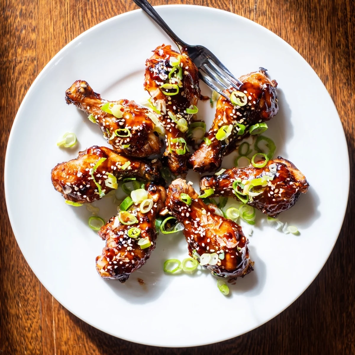 Tender Asian glazed chicken drumsticks garnished with fresh green scallions and white sesame seeds