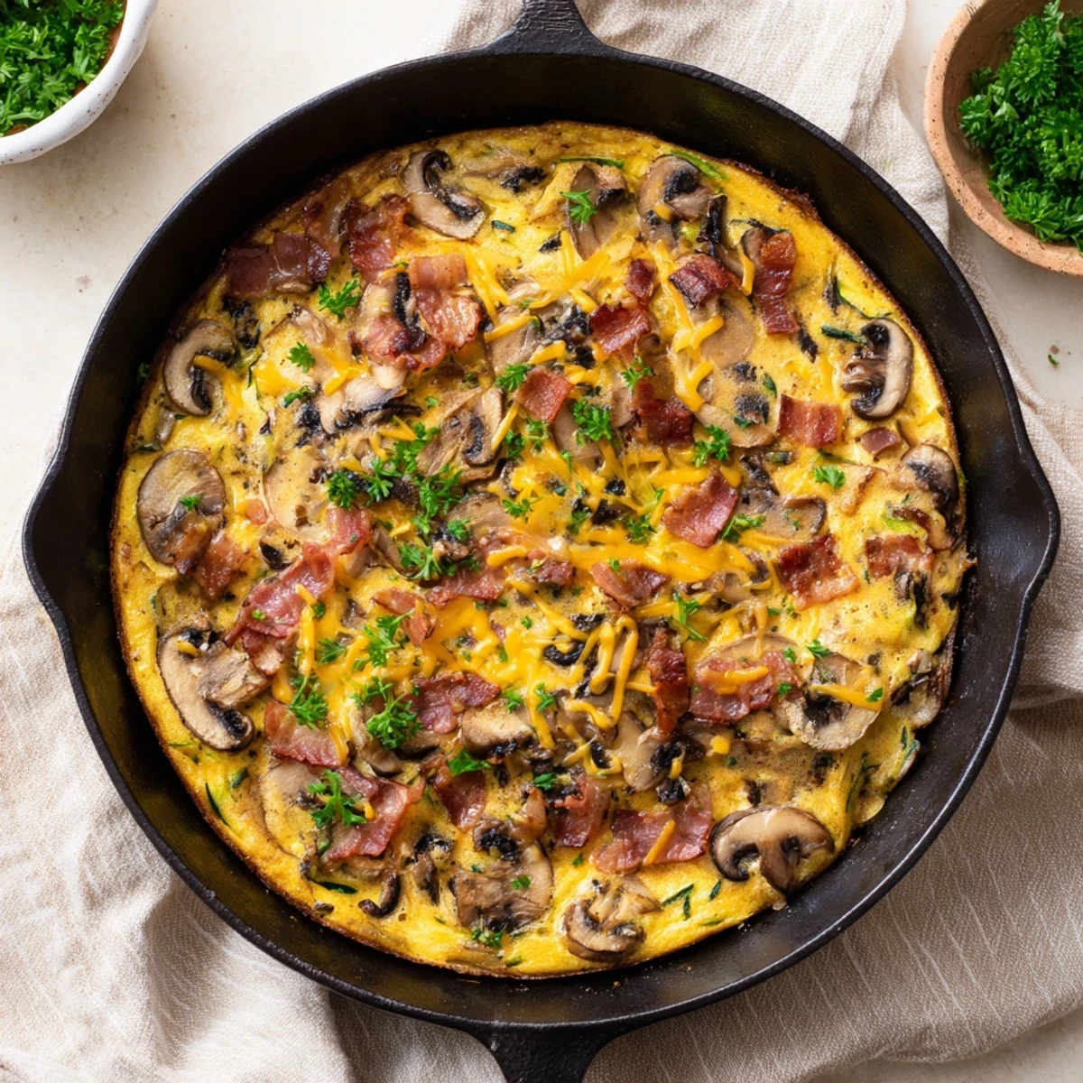 Golden baked mushroom zucchini and bacon family frittata topped with fresh parsley and cheddar cheese