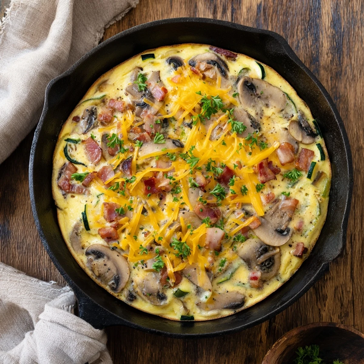 Hearty skillet frittata loaded with crispy bacon tender zucchini slices and earthy mushrooms for brunch
