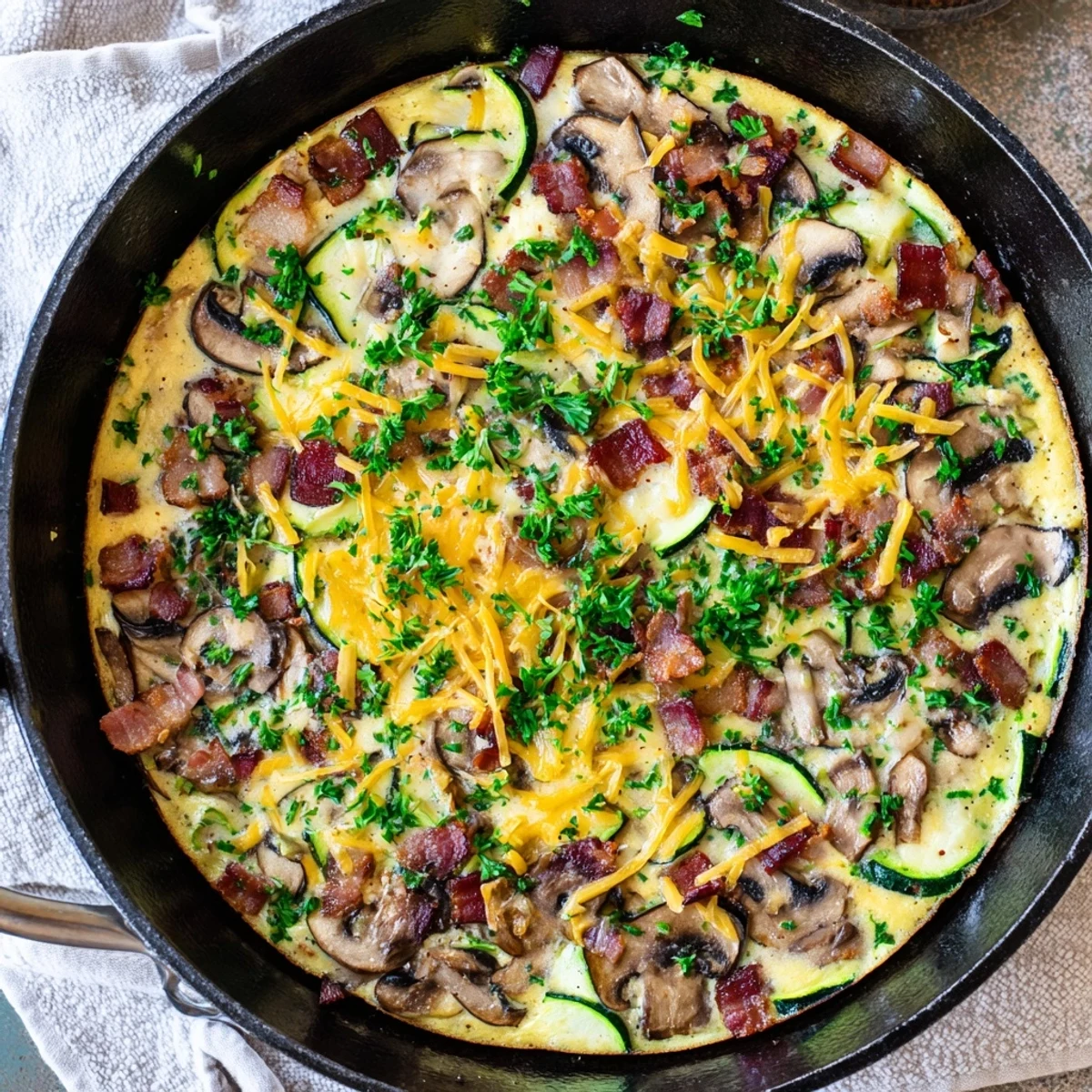 Savory frittata featuring smoky bacon sautéed vegetables and melted cheese served warm from the oven