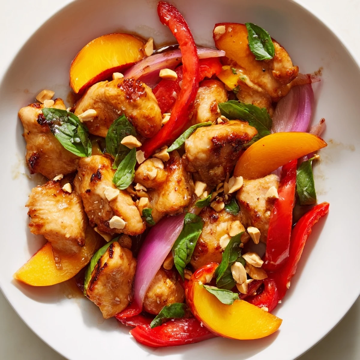 Golden Thai peach chicken pieces coated in glossy spicy-sweet sauce with colorful bell pepper slices