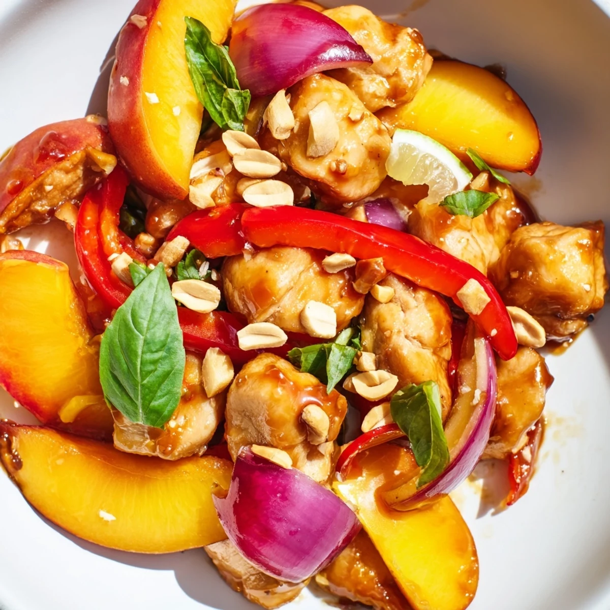 Fragrant Thai peach chicken simmering with fresh peaches, red peppers, and basil garnish
