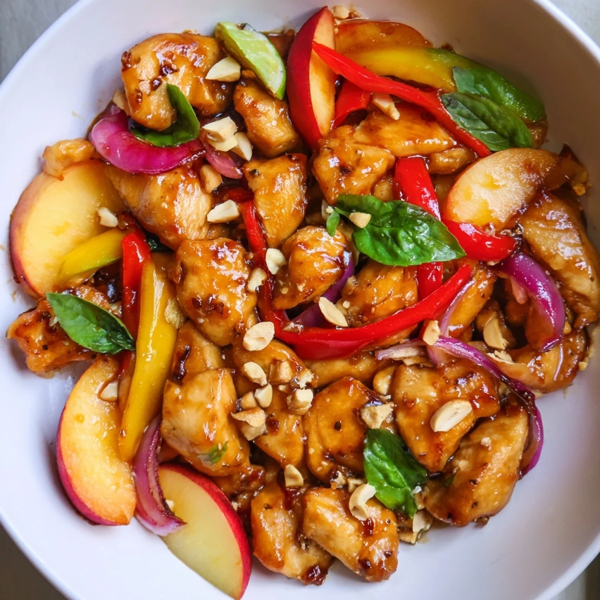 Sizzling Thai peach chicken skillet featuring juicy chicken thighs and tender peach slices in aromatic sauce