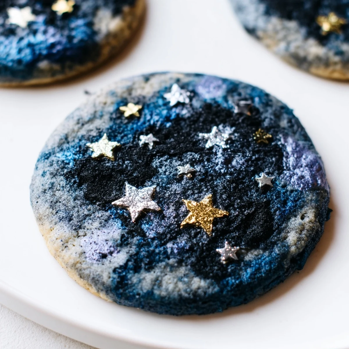 Golden star-shaped Starry Night Sugar Cookies with swirled blue and black icing