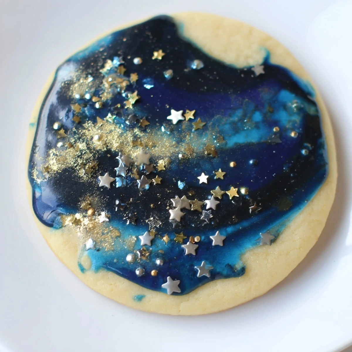 Vanilla Starry Night Sugar Cookies topped with marbled royal icing and edible stars