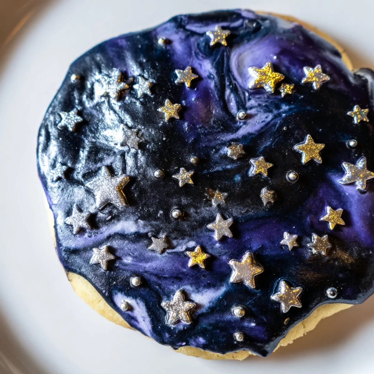 Delicate Starry Night Sugar Cookies featuring dark blue galaxy icing and shimmering gold sprinkles