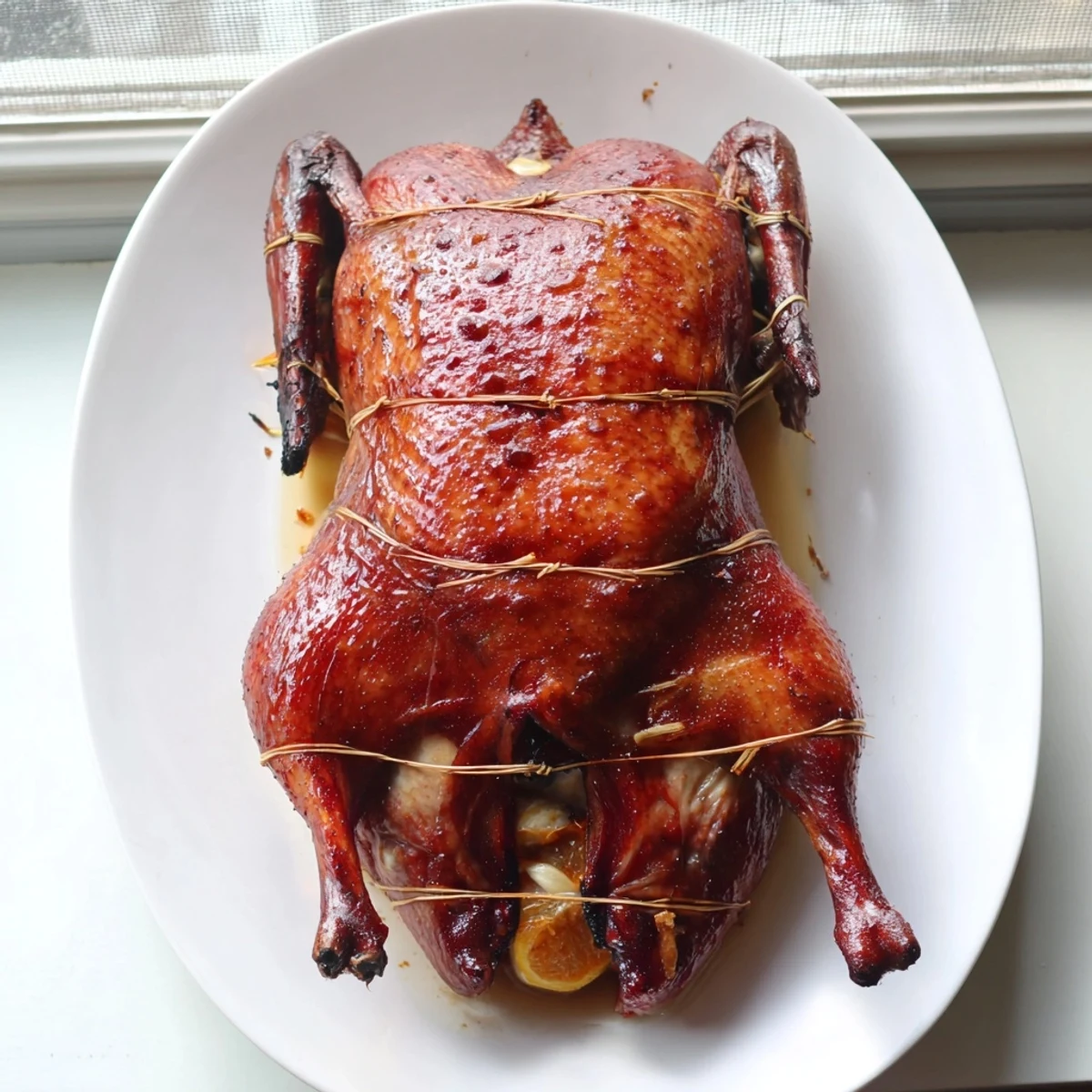 Whole five spice roasted duck with crispy golden skin and aromatic spices
