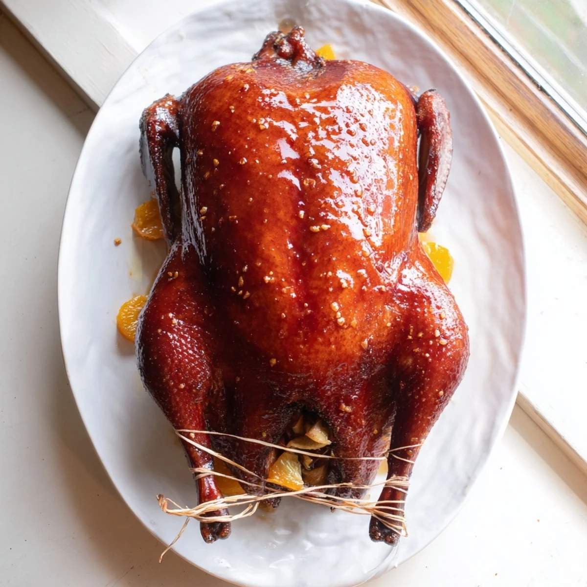 Roast duck glazed with Chinese five-spice served on white platter with orange garnish