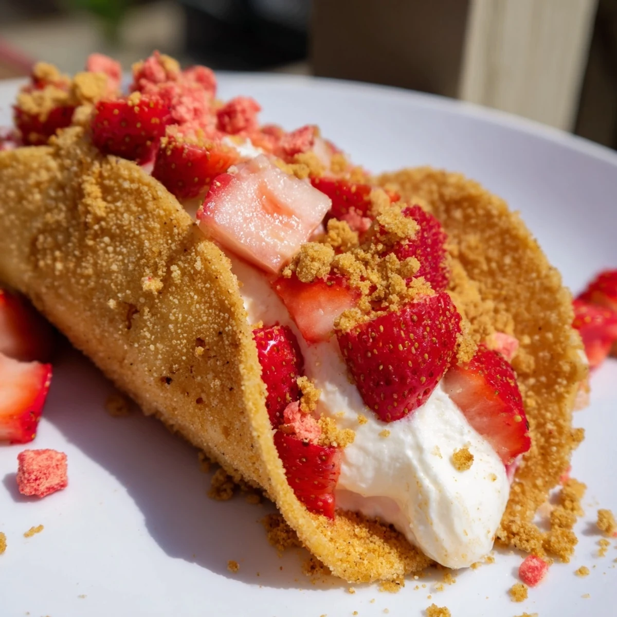 Crispy cinnamon-sugar taco shell filled with creamy cheesecake and topped with fresh diced strawberries