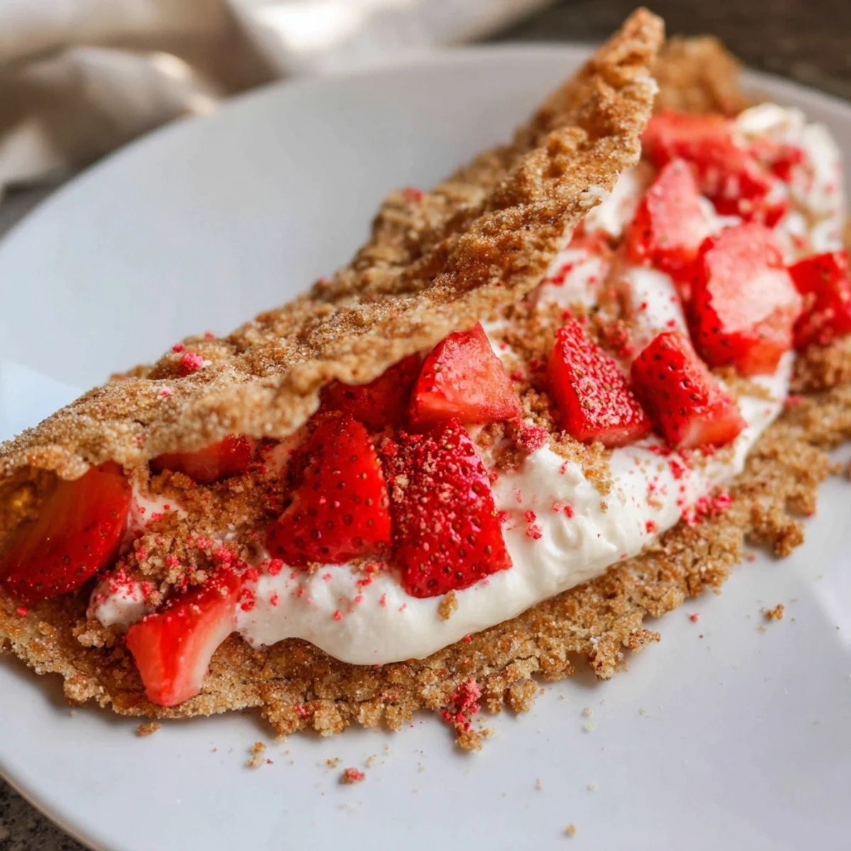 Golden strawberry crunch cheesecake tacos piled high with vanilla cookie crumbles and sweet strawberry topping