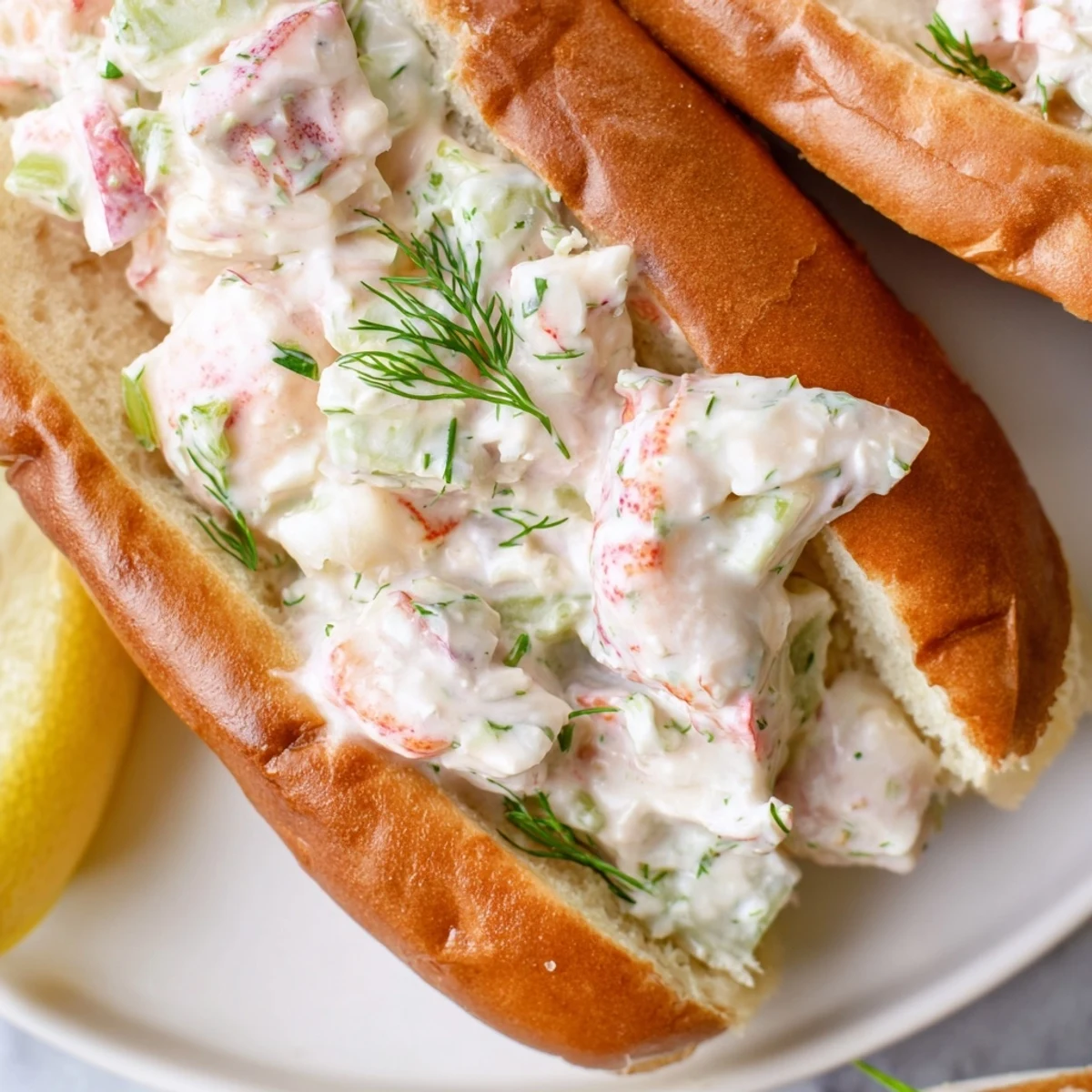 Golden toasted garlic butter lobster rolls piled high with creamy herb-filled lobster meat on a warm brioche bun