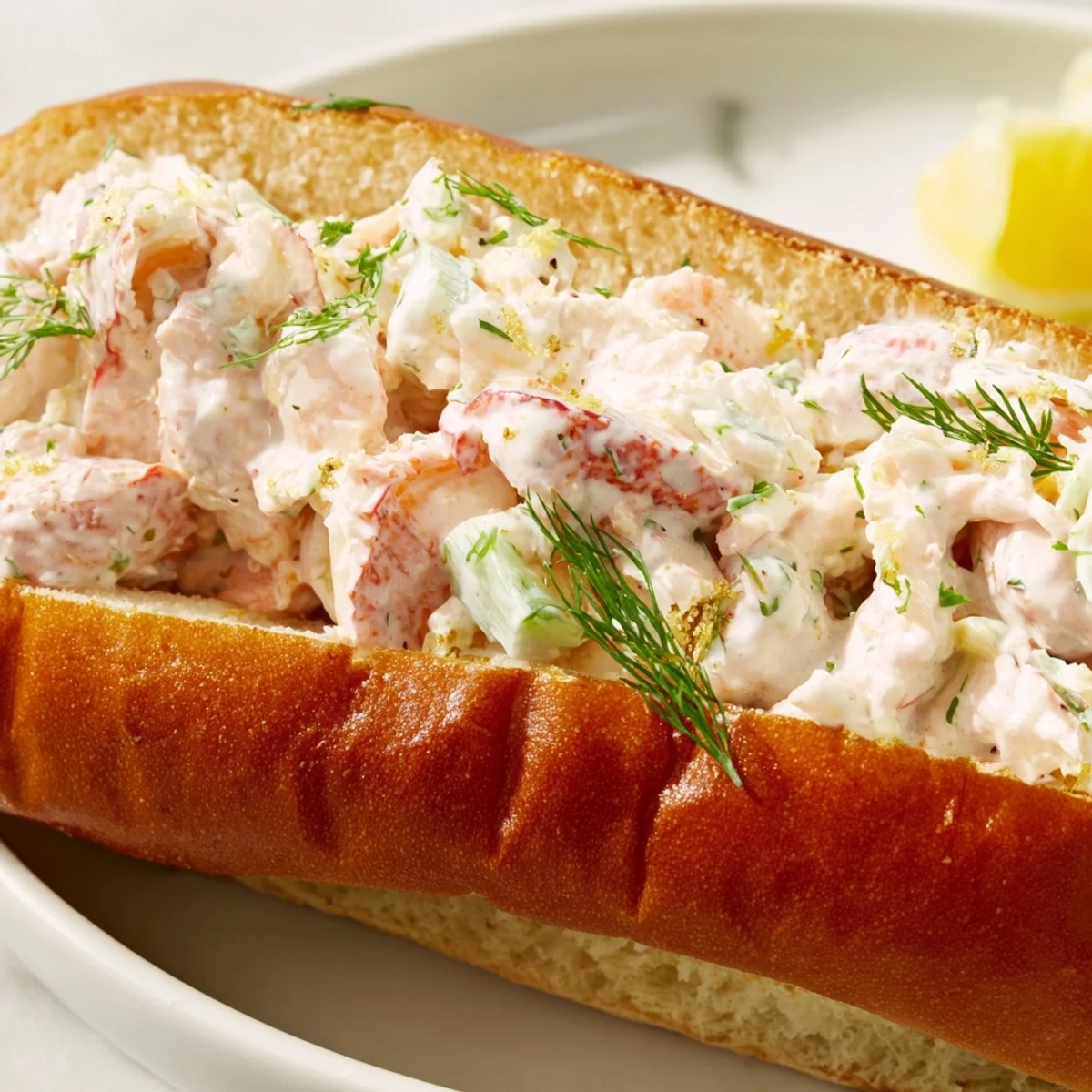 Split-top brioche rolls overflowing with tender lobster in a creamy mayonnaise dressing topped with fragrant garlic butter