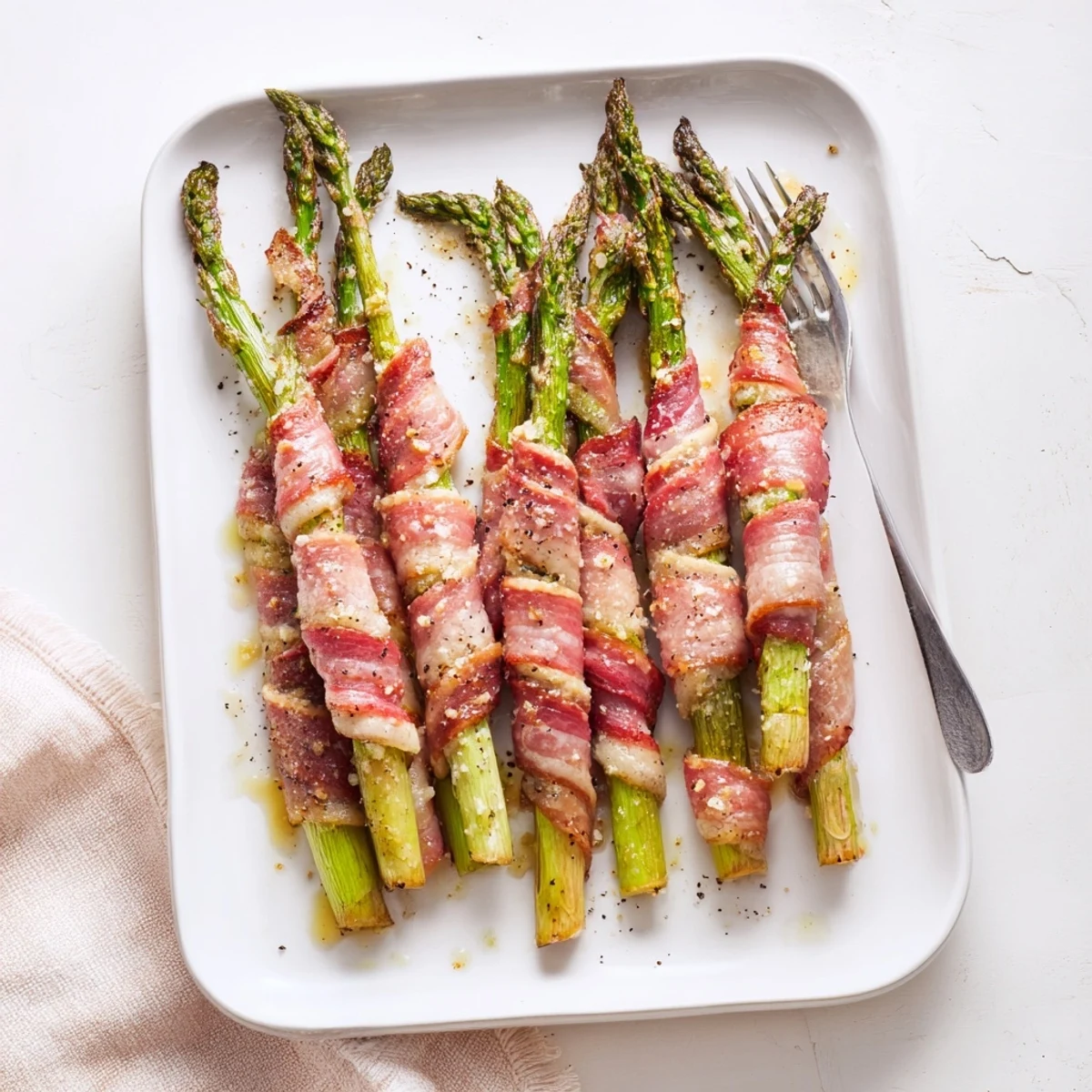 Golden bacon-wrapped asparagus spears roasted to crispy perfection with aromatic garlic