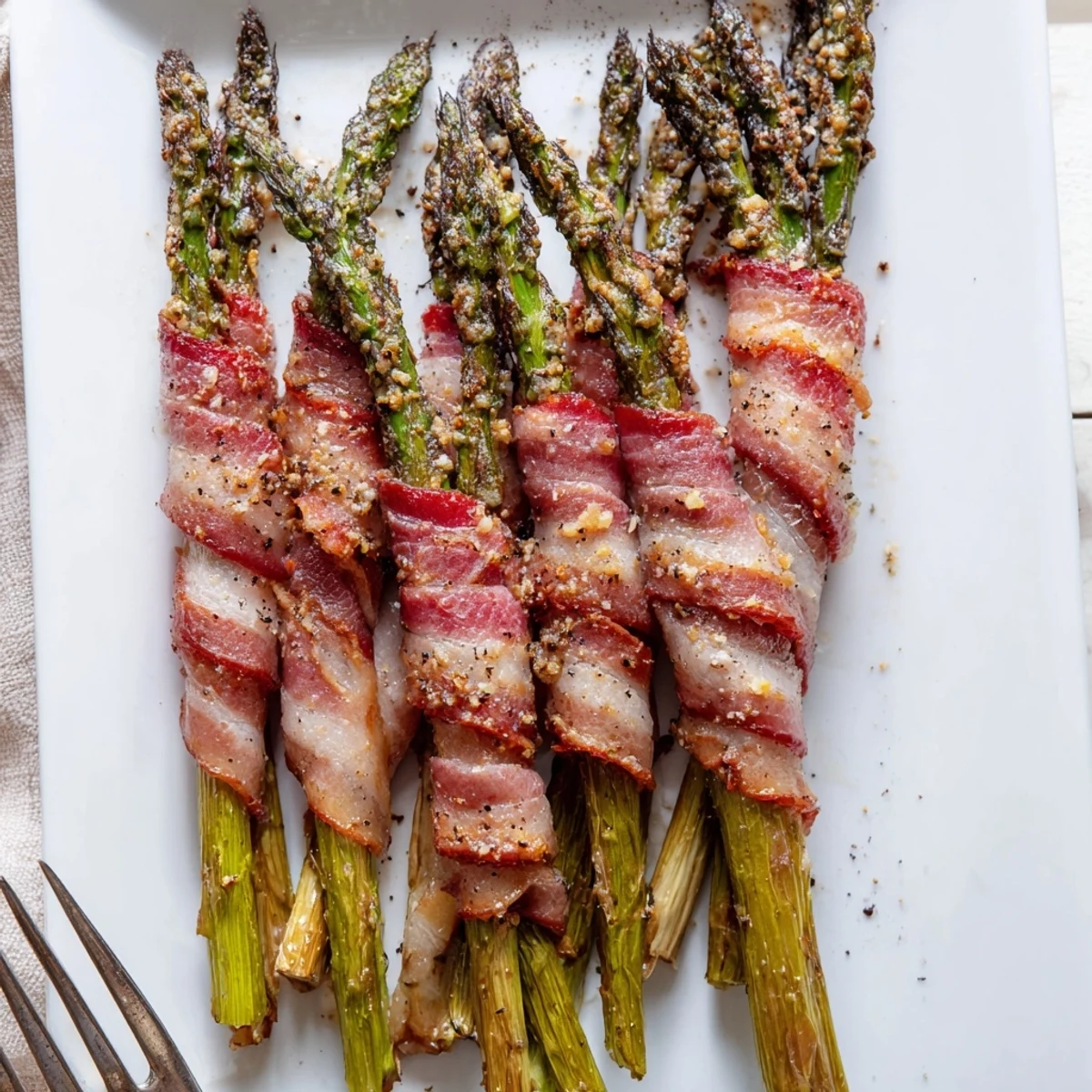 Tender green asparagus bundles spiraled in smoky bacon with savory garlic seasoning