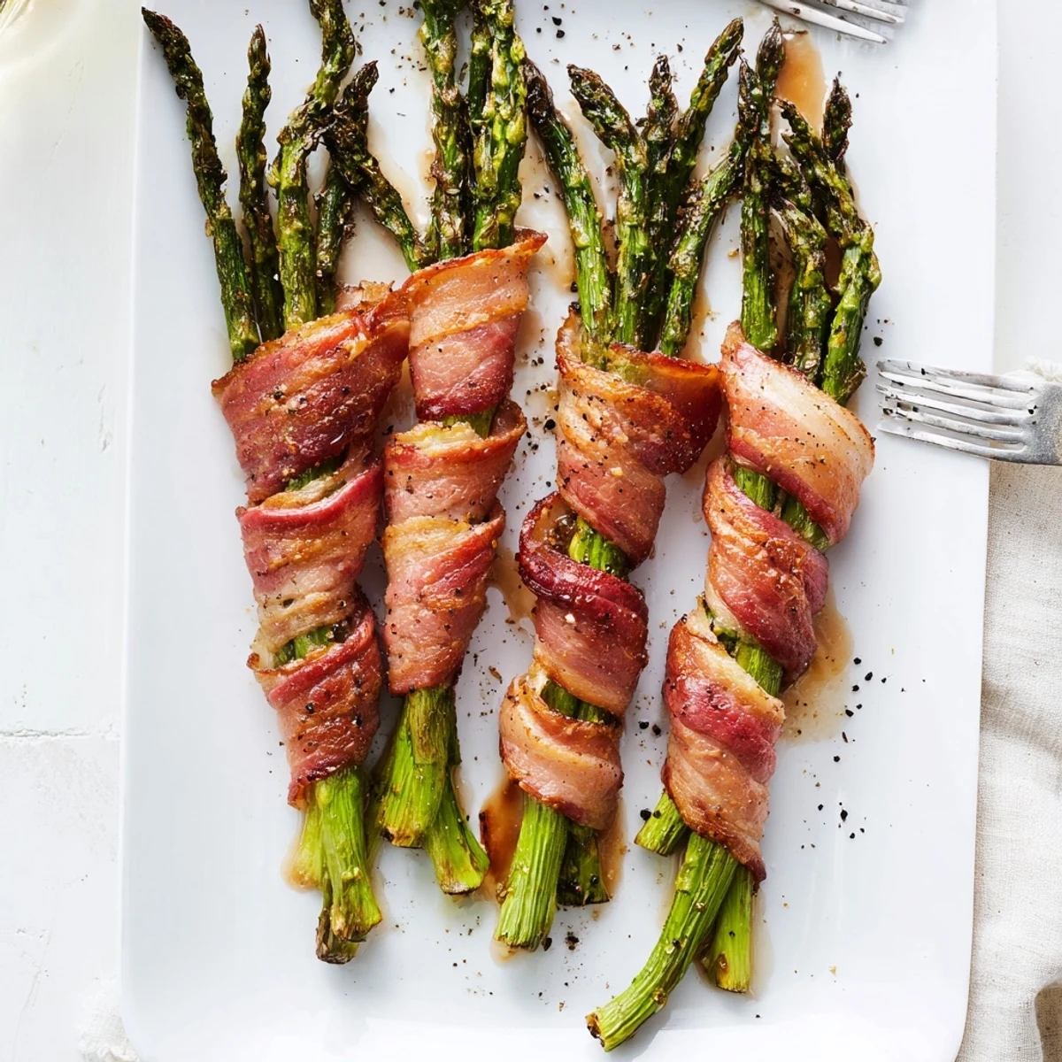 Crispy garlic bacon wrapped around fresh asparagus spears on a baking sheet