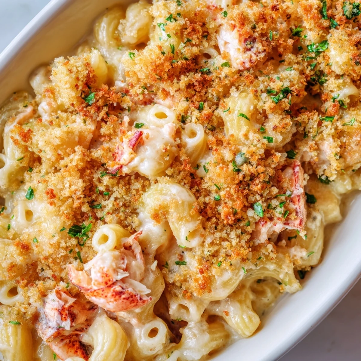 Golden baked garlic butter lobster mac and cheese with bubbling cheese sauce and tender chunks of lobster meat