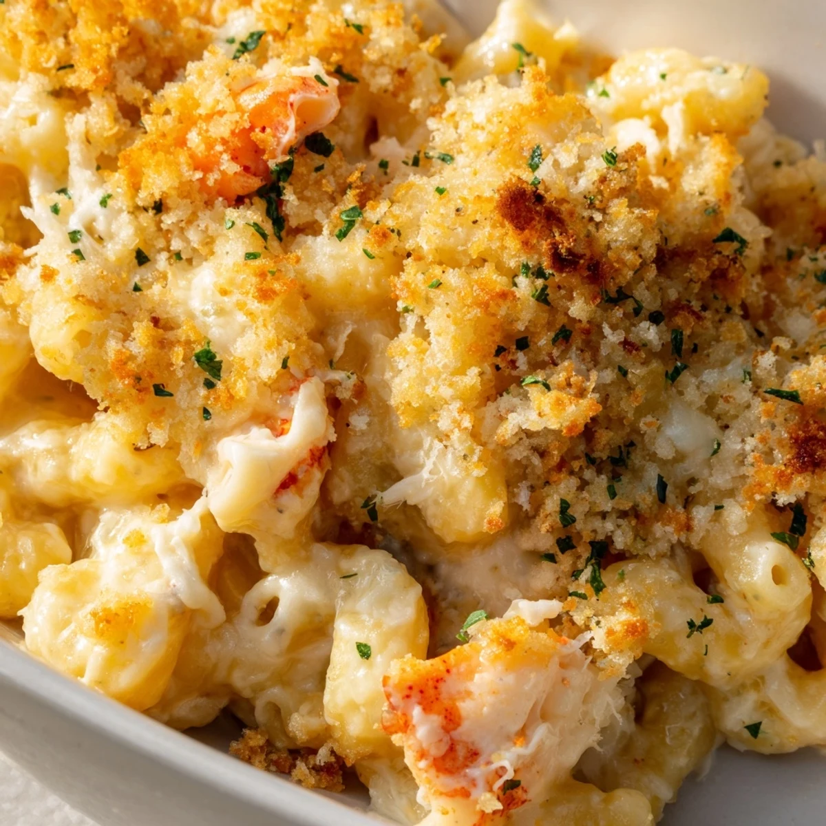 Creamy garlic butter lobster mac and cheese served in a white baking dish with golden brown panko topping