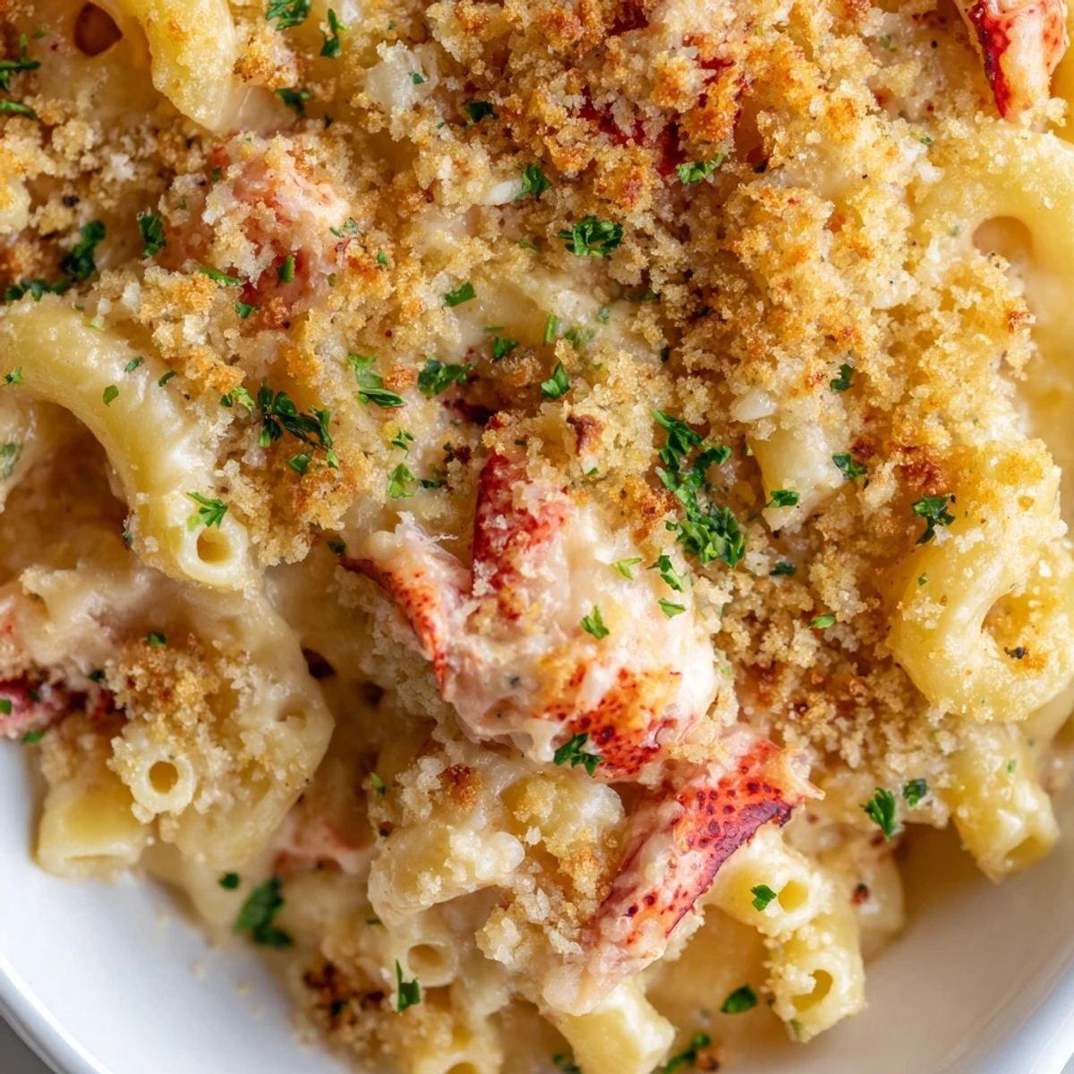 Succulent lobster pieces folded into rich three-cheese pasta with garlic butter sauce and crispy parmesan breadcrumb crust