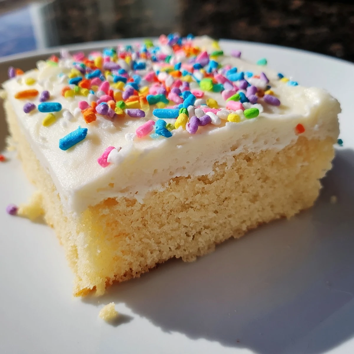 Soft homemade sugar cookie bars topped with creamy white frosting and colorful rainbow sprinkles