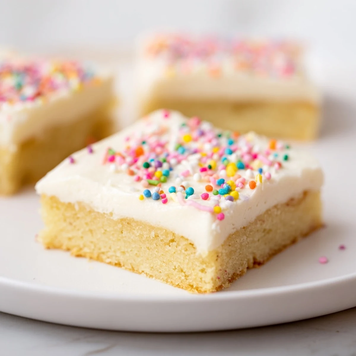 Golden buttery sugar cookie bars sliced into squares with smooth vanilla frosting on top