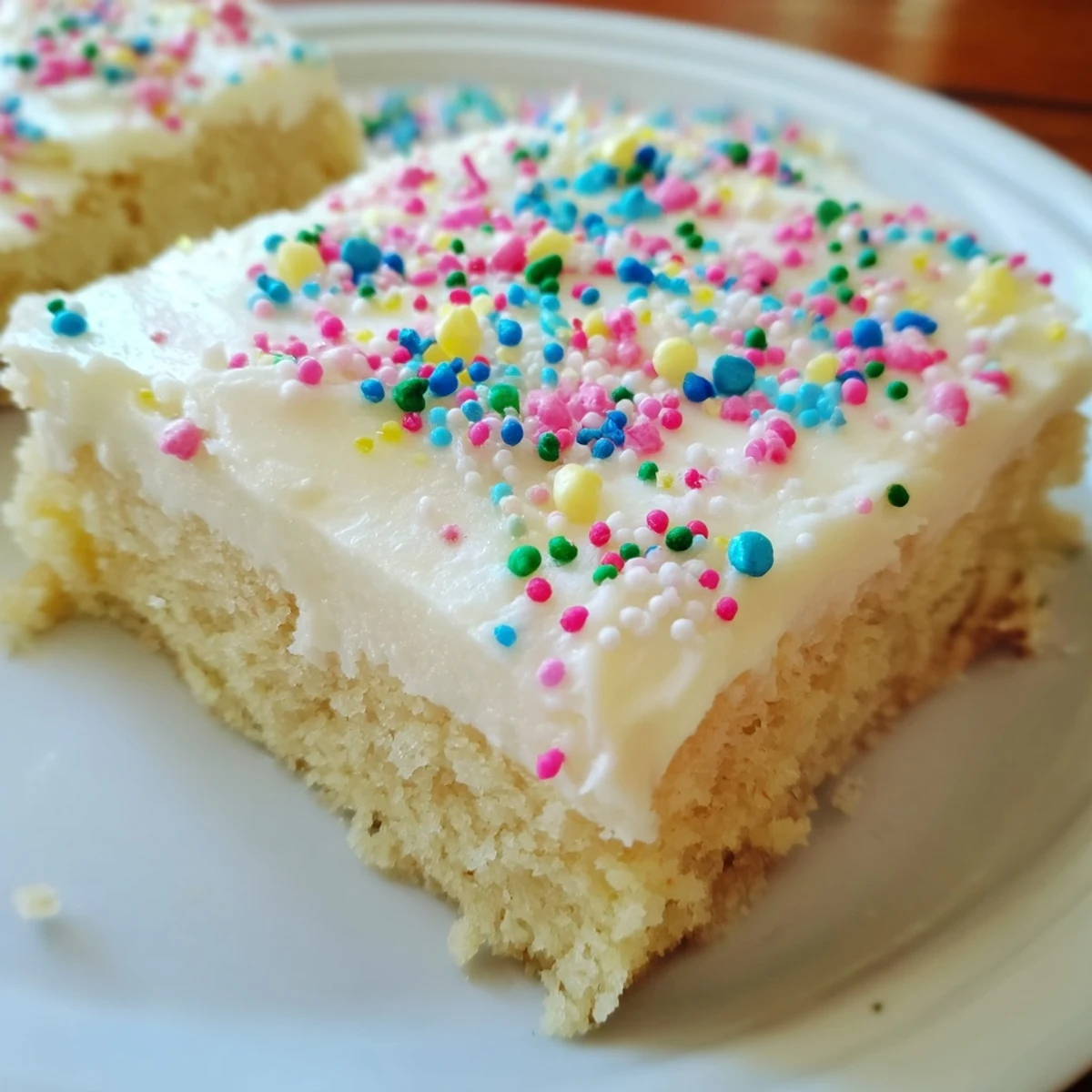 Thick frosted sugar cookie bars decorated with festive sprinkles on a white serving platter