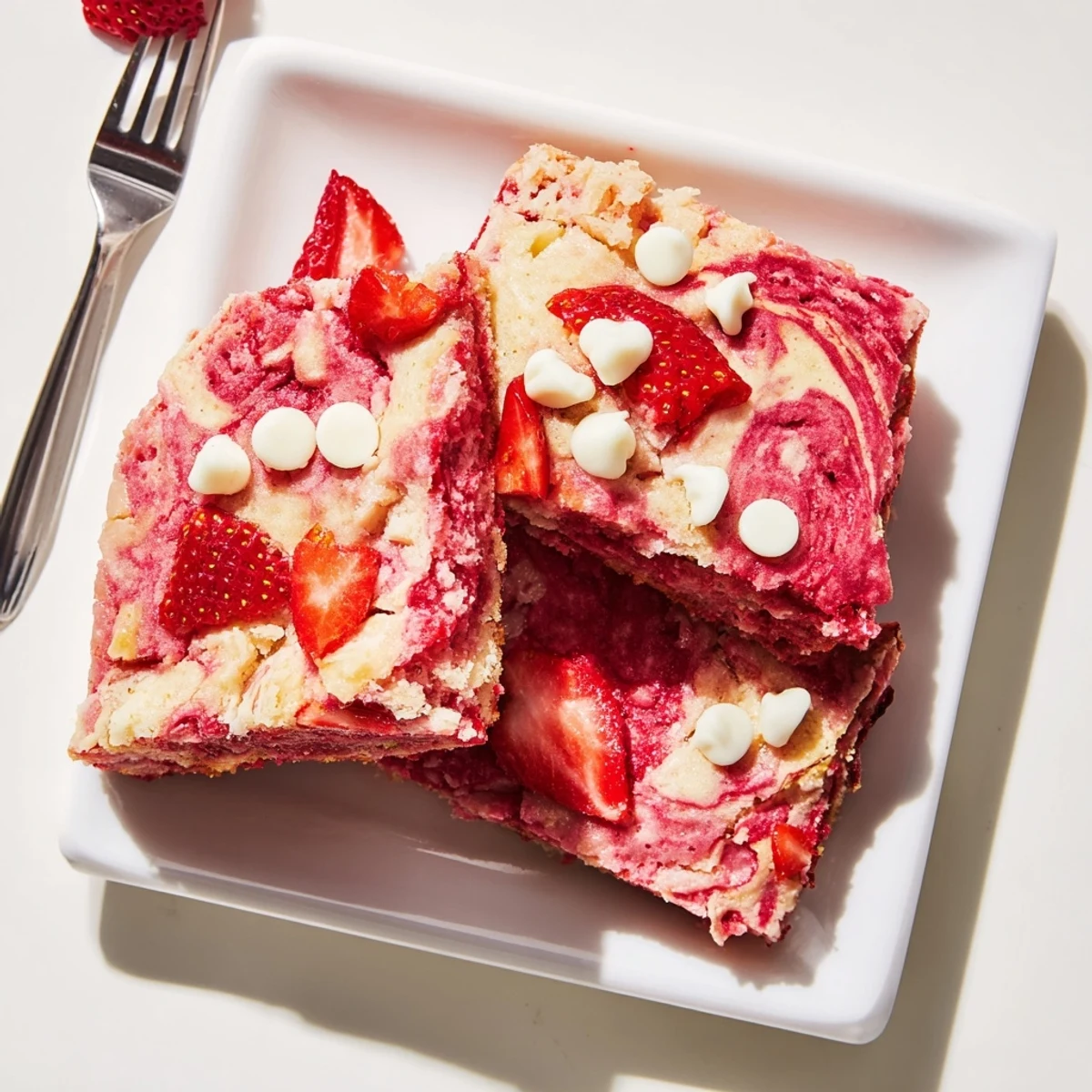 Sliced strawberry earthquake cake showing marbled cream cheese layers and white chocolate chips