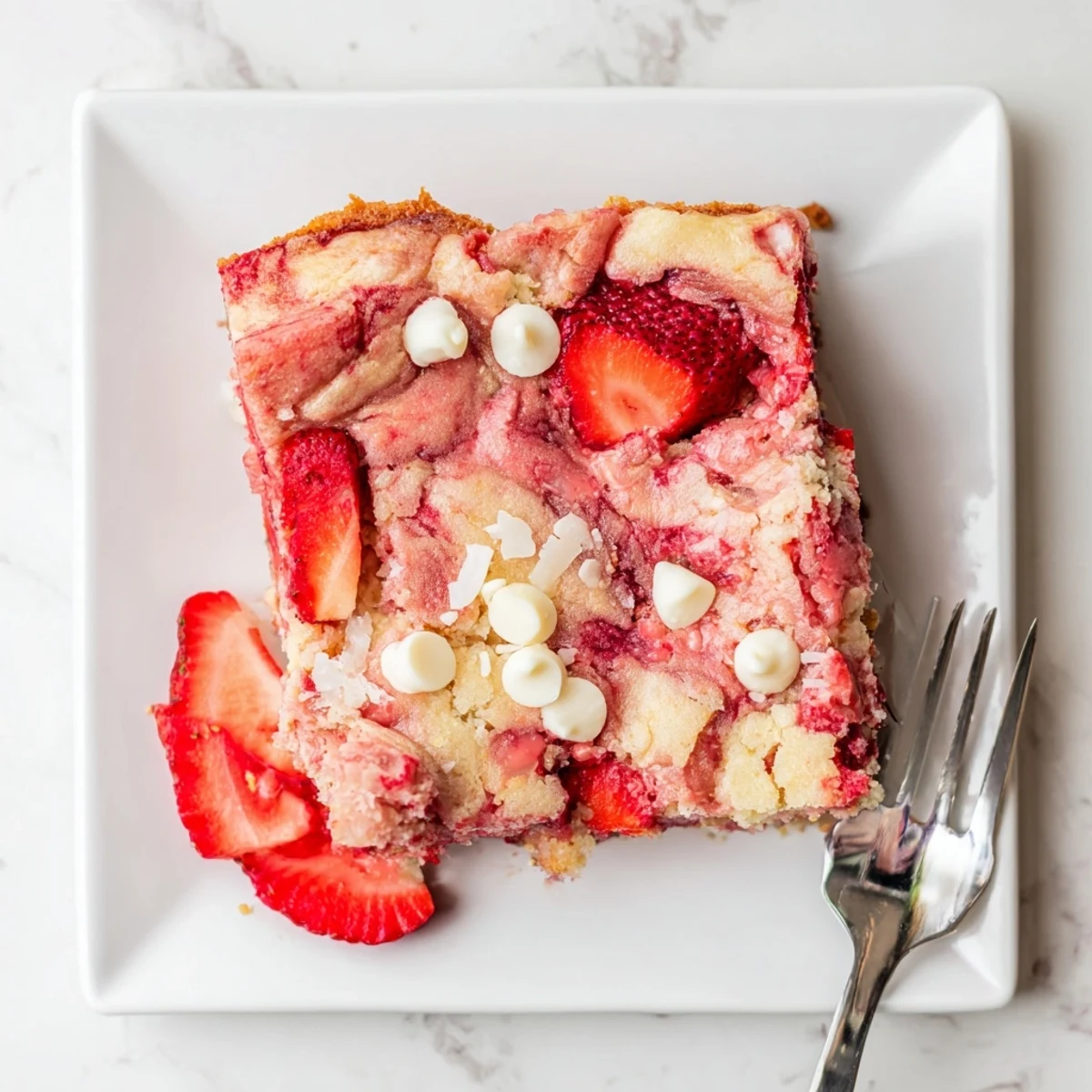 Gooey strawberry earthquake cake with cream cheese swirls and fresh strawberry slices on top