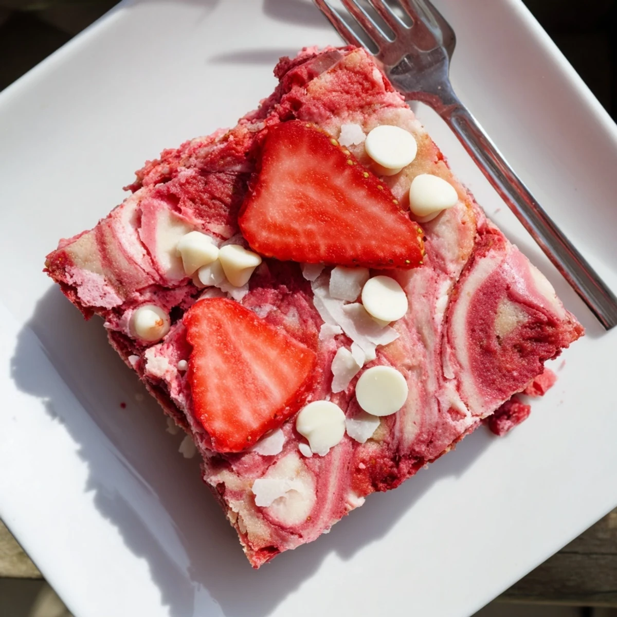 Warm strawberry earthquake cake served with vanilla ice cream and a gooey cracked center
